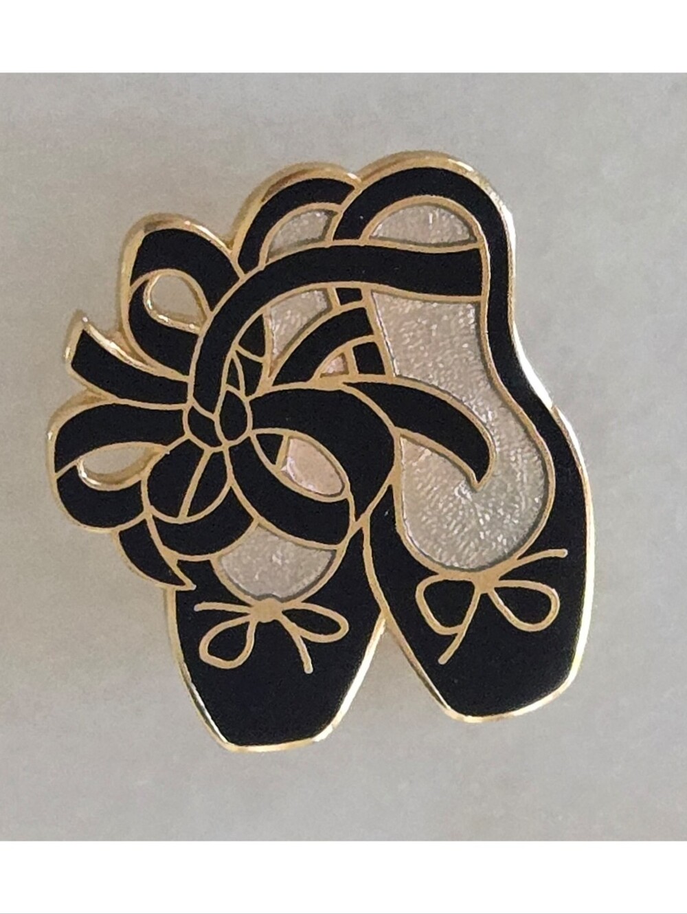 Vtg 80s 90s Black Enamel Cloisonné Ballet Slippers Brooch By Fish Enterprises/UK